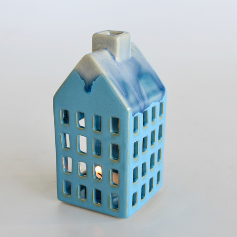 Small Blue Ceramic House Candle Holder
